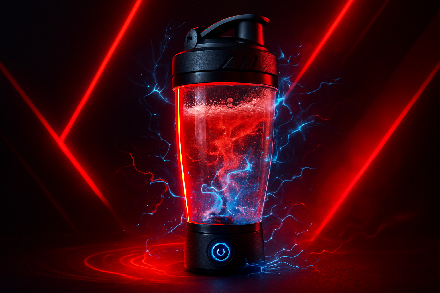 puedes generarme una imagen de un shaker electrico creativa pero con un fondo negro y rojo